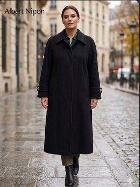 Vintage Albert Nipon Elegant Black Wool Trench Coat